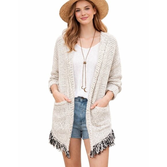 Free People Sweaters - Free People Love Me Tender Fringe Open Front Hooded Cardigan Cotton - Medium